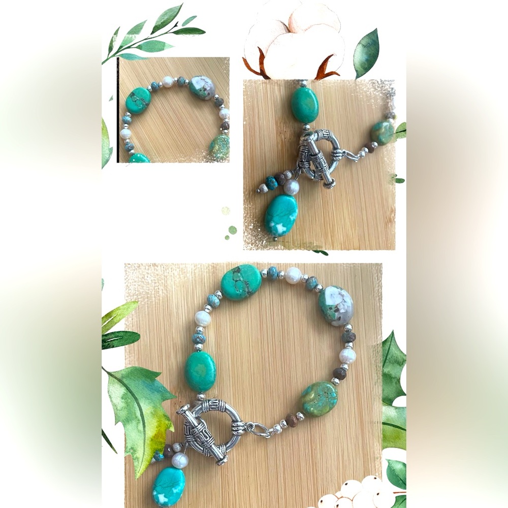 Green turquoise bracelet with big stainless steel round heavy toggle closure